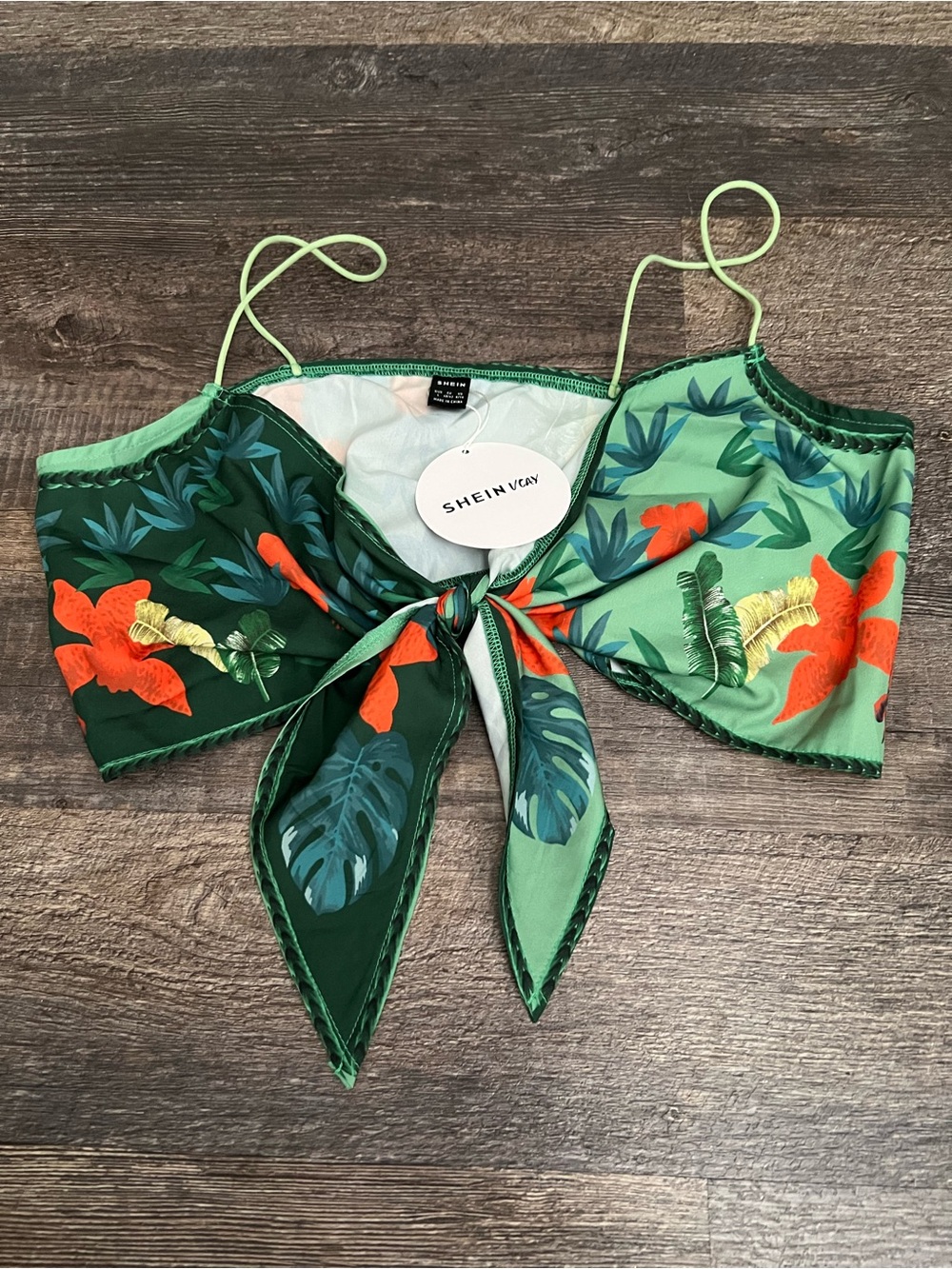 SHEIN Green Floral Bikini Top with Orange Accents